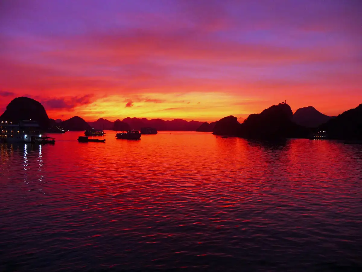 From a cruise ship in Halong Bay, Vietnam, we enjoyed some beautiful sunset views.