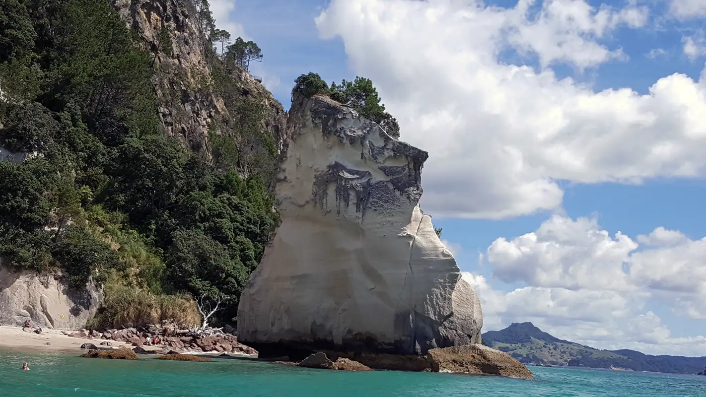 Cathedral Cove, with its fabulous white sandy beaches, native New Zealand trees, and incredible rock formations, is a "must see" on the Coromandel Peninsula.New Zealand