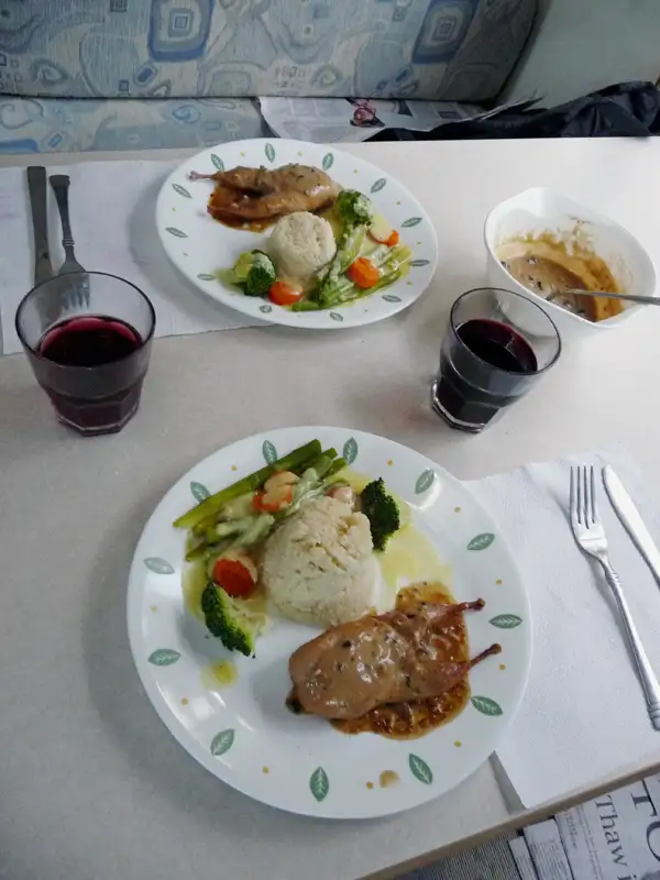 I was lucky to have an excellent chef in our motorhome. Tonight's menu: smoked quail, asparagus, broccoli, and a creamy mushroom sauce. Lake Peddern Australia