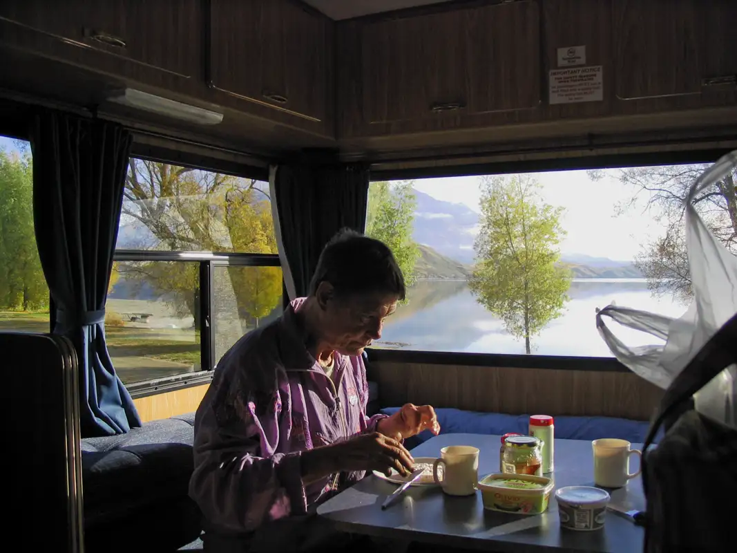 The advantage of a motorhome is that you can turn it around to get the best view of Lake Wanaka.