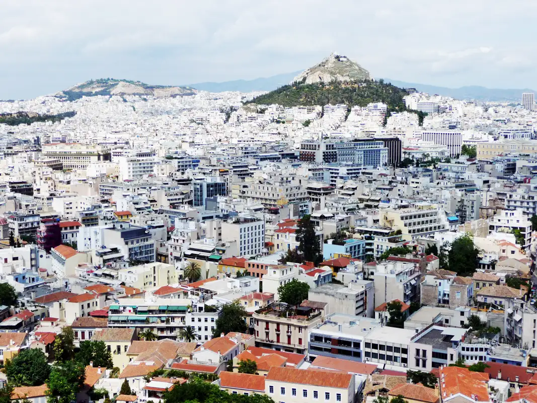 From the Acropolis, you can see Athens and Lycabettus Hill, which is the highest point in the city.