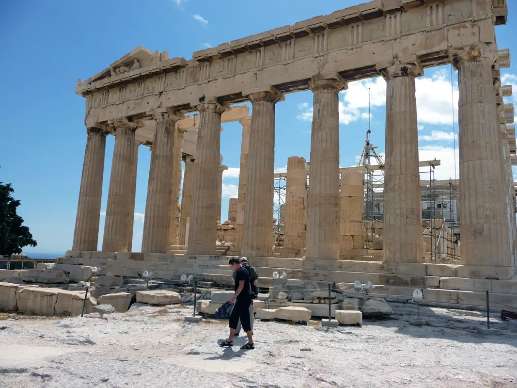 We first climbed the Acropolis hill in Athens. It's a key site for Greek civilization, culture, and democracy. However, when we reached the Parthenon dedicated to the Greek goddess, it was under significant renovation.