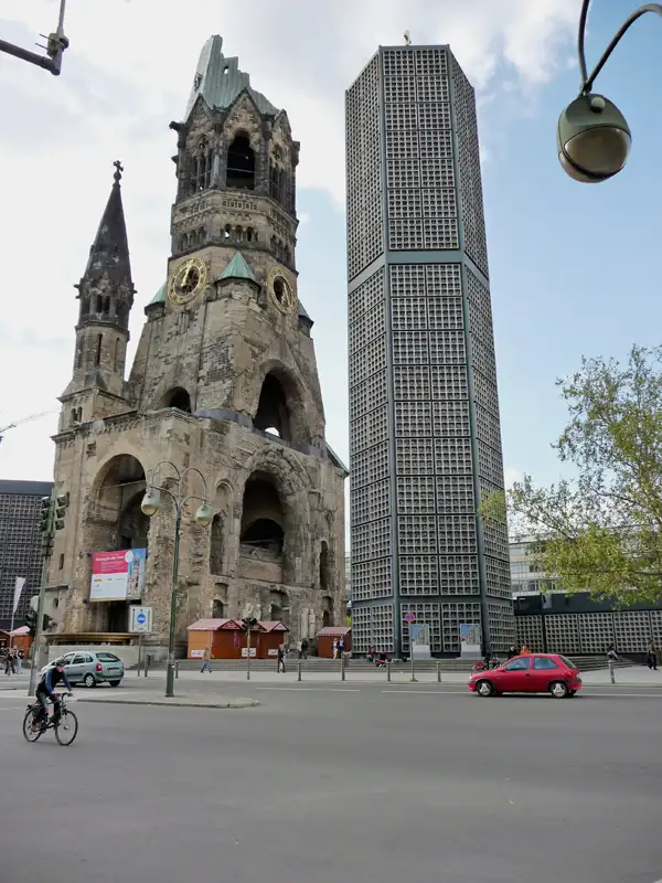 The Kaiser-Wilhelm-Gedächtniskirche. The church suffered serious damage during WWII and was rebuilt in 1960. The tower symbolizes resistance to war.