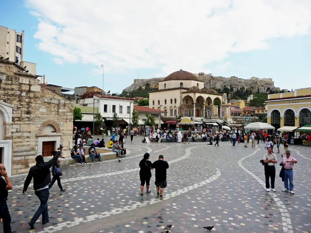 When we travelled to Athens, we left the Metro at Monastiraki Square. The square is located in the old city. It's close to the main shopping areas, the Ancient Agora, and the Stoa of Attalos.