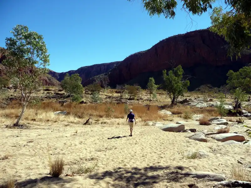 View over Ormiston Pound from a ridge with wide desert valley and rugged mountain ranges in the West MacDonnell Ranges.