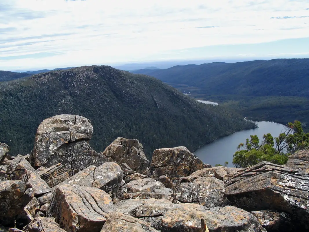 Alpine hiking trail on the Tarn Shelf Circuit in Mount Field National Park, Tasmania, with tarns, lakes, and rugged subalpine terrain near Lake Dobson.