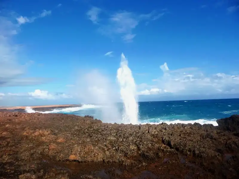 A burst of seawater shoots up from a rocky coastal blowhole against a bright blue sky, echoing the wild beauty seen on an Exmouth to Perth road trip, with ocean waves in the background and rough, dark rocks in the foreground.