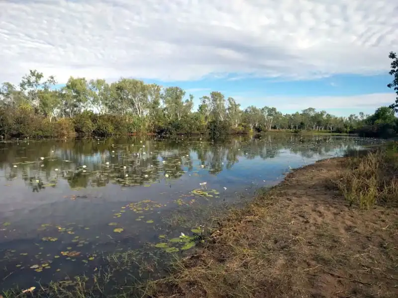 Cockatoo Lagoon in Mirima National Park near Kununurra, with still water surrounded by sandstone hills and native vegetation.