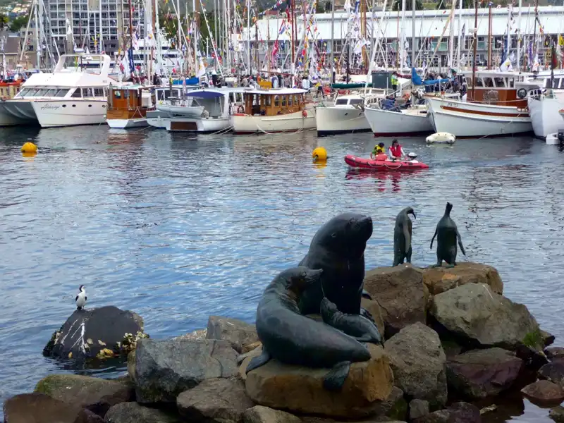 Hobart Constitution Dock with boats an sculpture
