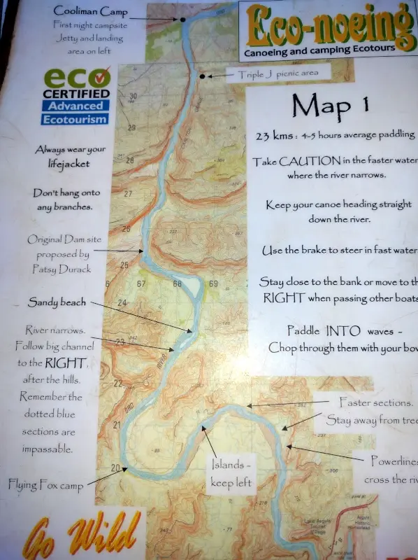 map of  self-guided canoe trip down the Ord River in the Kimberley