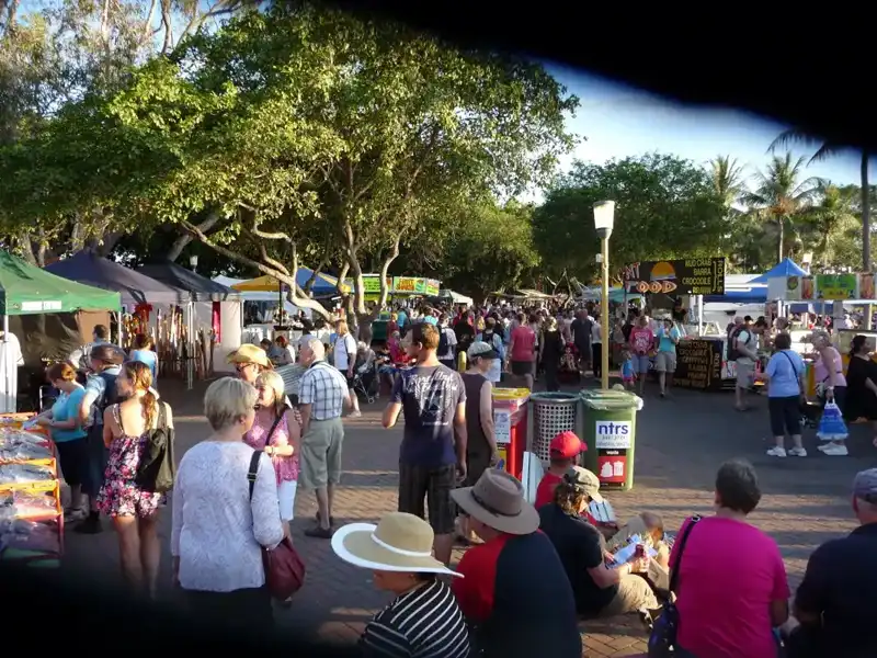 Mindil Beach Sunset Market in Darwin with food stalls, crowds