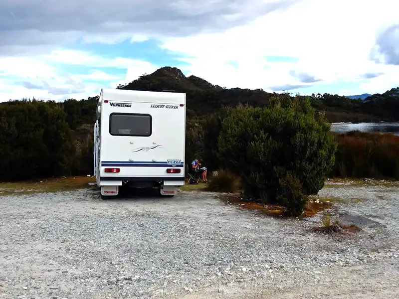 motorhome at Teds Beach Campground, at Lake Pedder in the South West National Park