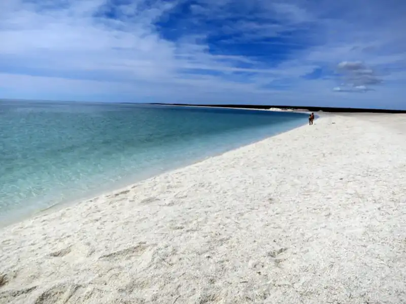 A tranquil beach with white sandy shore and clear blue water under a partly cloudy sky welcomes you to the famous Ningaloo Coast. Two people walk along the shoreline in the distance, capturing the serenity of this breathtaking spot.