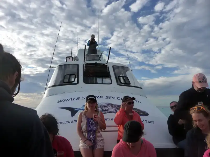 A group of people sit and stand on the deck of a boat labeled Whale Shark Specialists along the stunning Ningaloo Coast. Some wear hats and sunglasses, and a woman in front gives a thumbs-up, ready for an adventure with whale sharks and manta rays Coral Bay offers.
