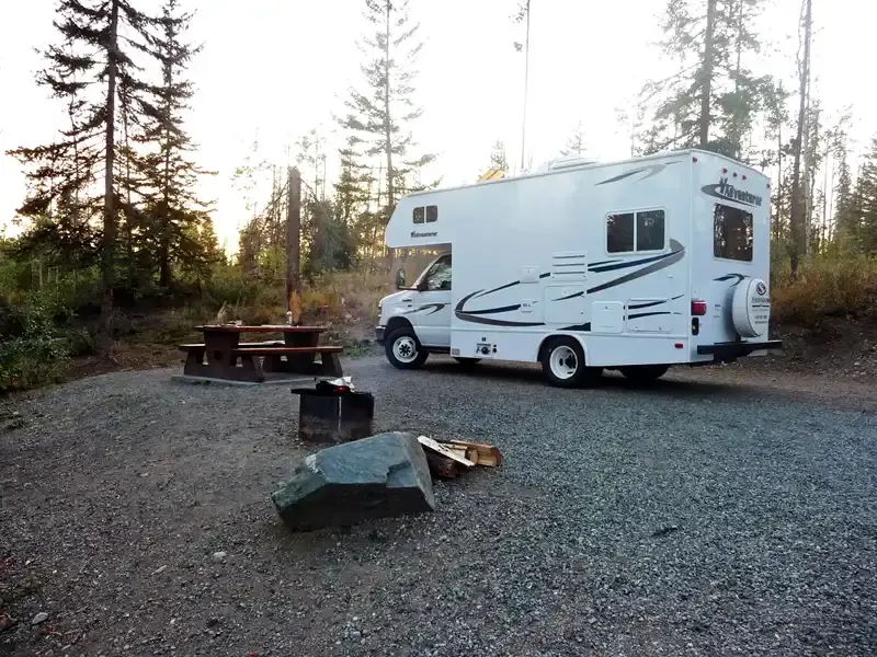 our RV at secludet camping ground Lac Le Jeune Lake on our Canadian Rockies Road Trip