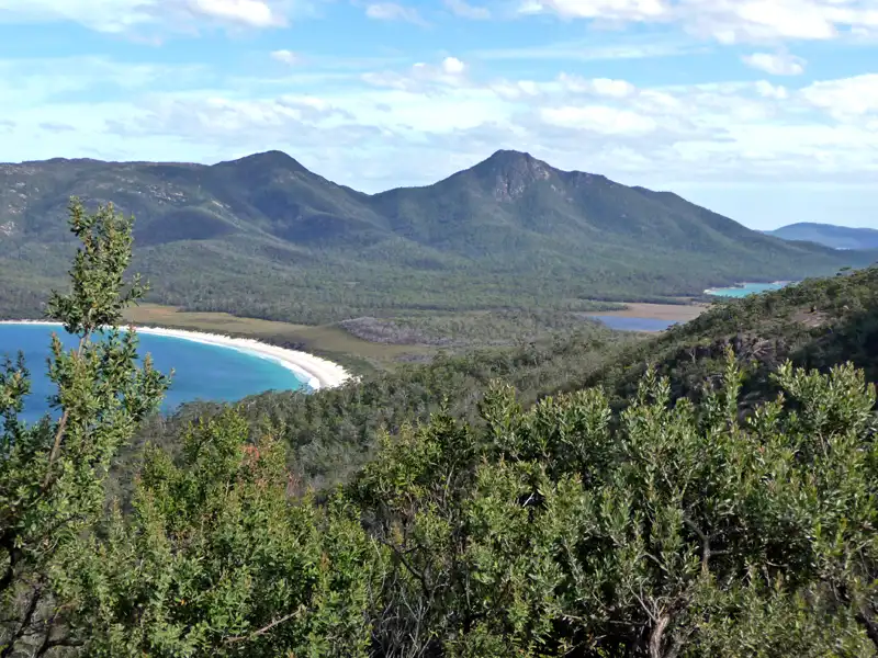 The isthmus track between Hazards Beach and Wineglass Bay with lagoon and wetland vegetation in Freycinet National Park.