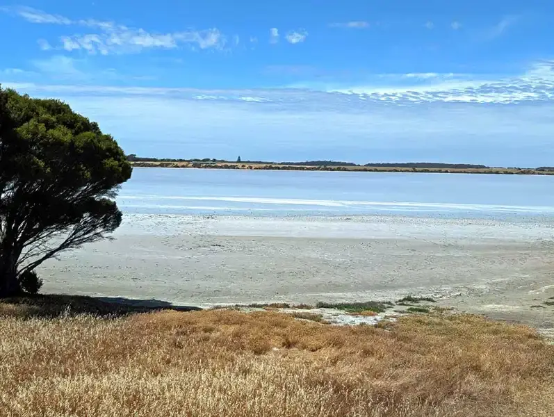 Salt Lagoon on Kangaroo Island showing pink-tinted salt water and patterned salt flats near Kingscote.