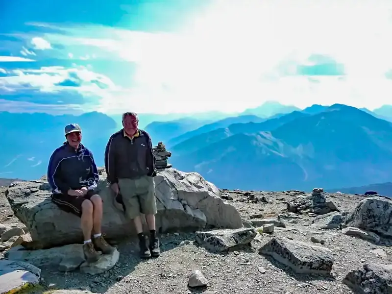 Panoramic view from Whistlers Summit above Jasper National Park in the Canadian Rockies after hiking from the Jasper SkyTram station.
