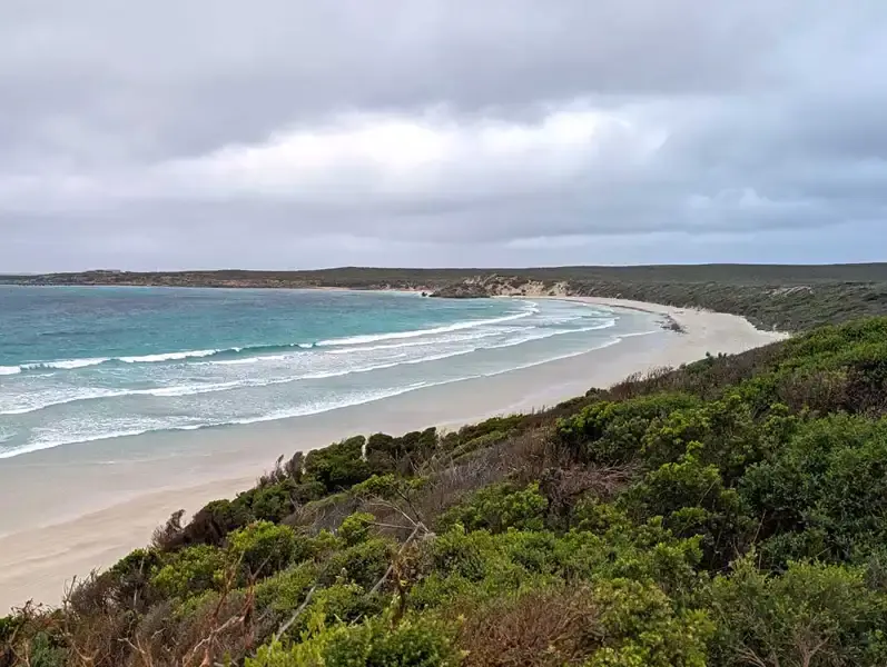 Endless white beach Vivonne Bay on the way to Flinders Chase National Park