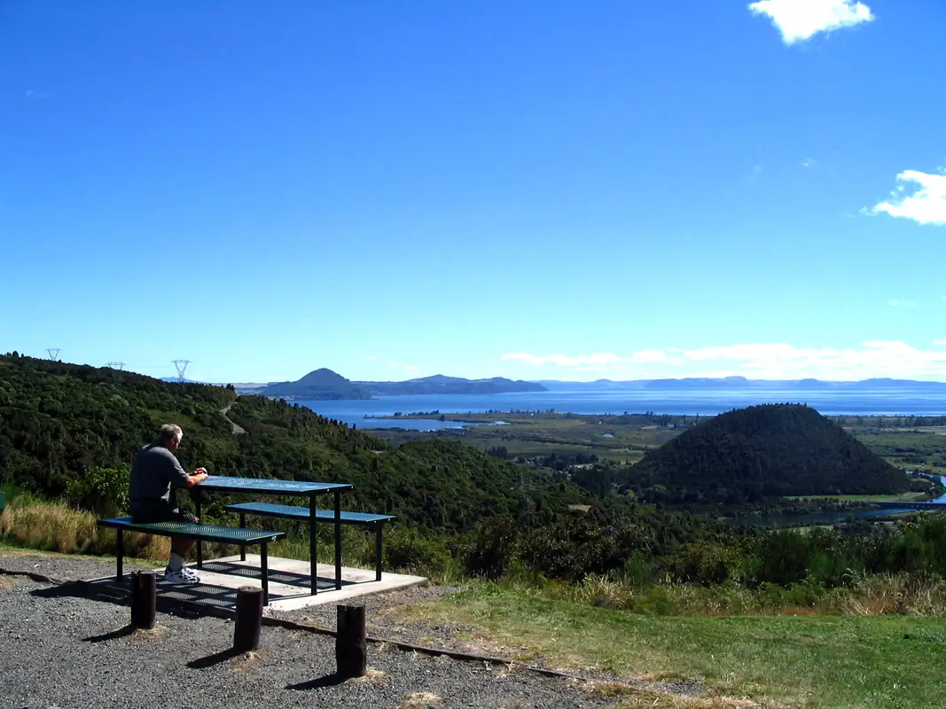 Coming from a hike the first fantastic view at Lake Taupo North Island New Zealand