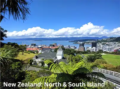 View from Wellington Botanic Garden across Wellington Harbour and city skyline, North Island, New Zealand.