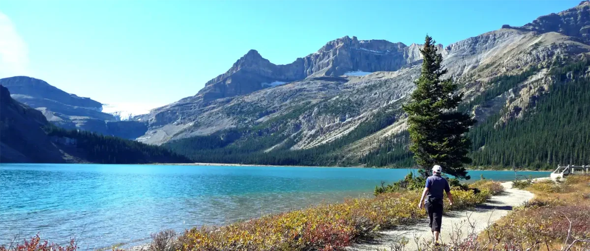 North America travel guide suggest Hiking at Bow Lake, Icefields Parkway surrounded by high mountains