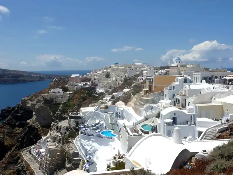 Oia Santorini above the caldera with views of the Aegean Sea
