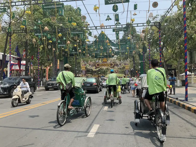 Our transport from the cruise ship to the Royal Palace in Phnom Penh was by rickshaw.