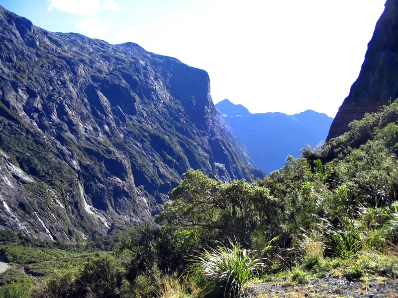 drive to Milford Sound through high mountains New Zealand